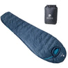 Alpin Loacker ultralight sleeping bag in dark blue with stuff sack, sustainable down sleeping bag small pack size, 3 season sleeping bag in dark blue